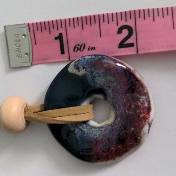 New Long Pendant Necklace, Handmade Pottery Donut,  38"+2" Two Suede Cords, Boho - Picture 4 of 9